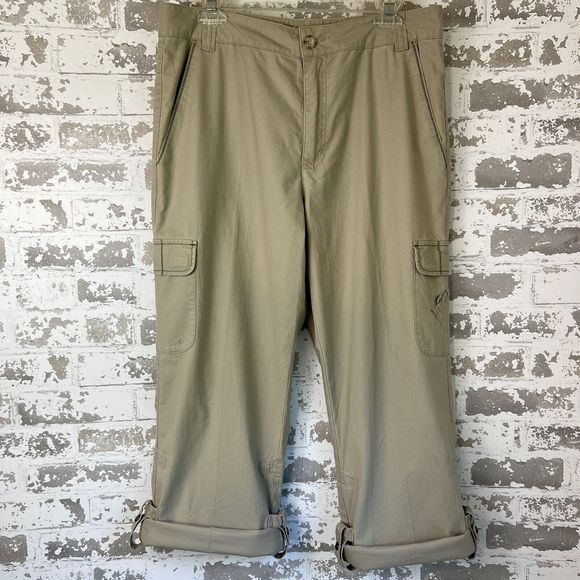 Cabelas Cargo Hiking Pants Women’s 14 Reg‎ 34x32 Khaki Roll Up Cuff Active Wear - Picture 1 of 15